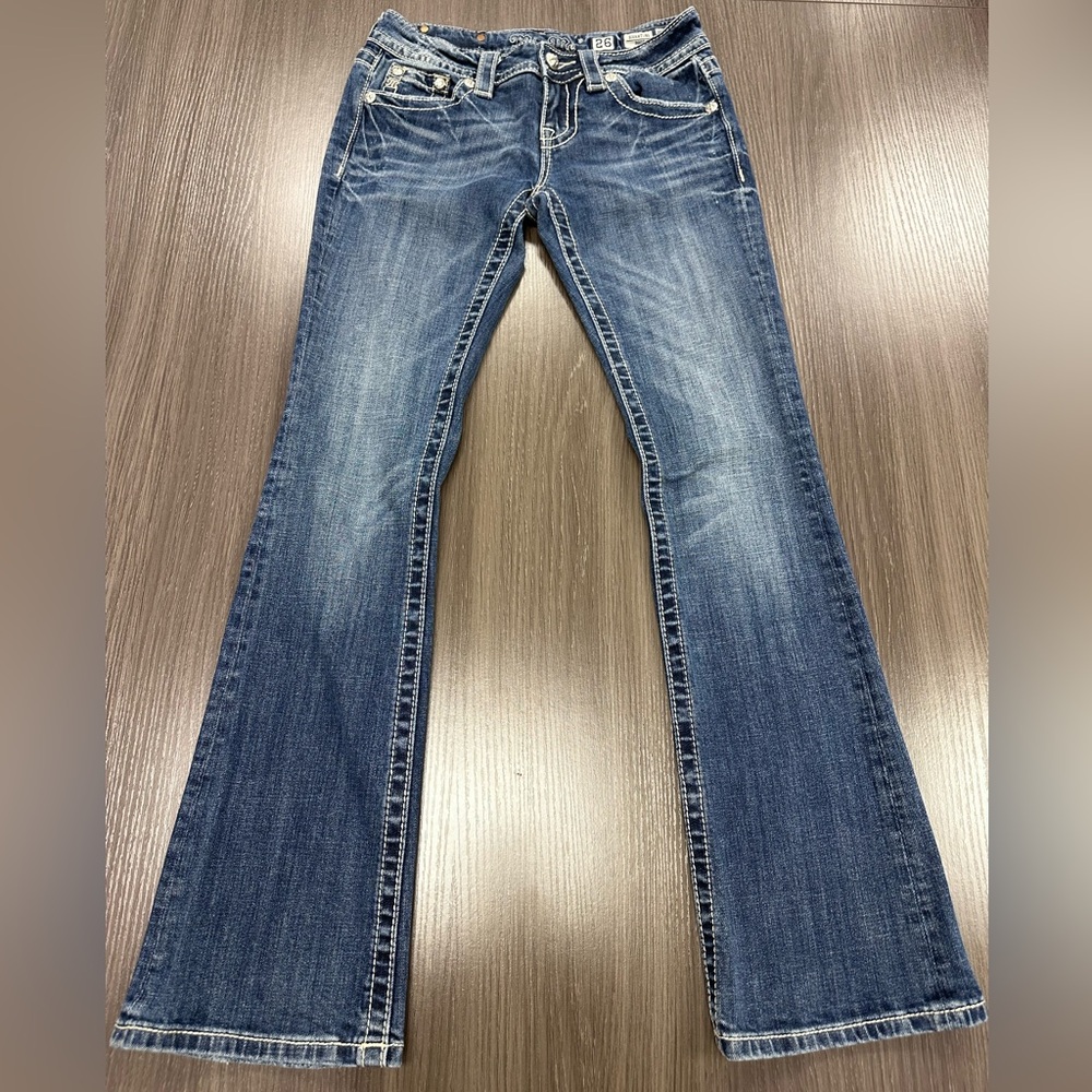 Miss Me Blue Flare Wide Leg Jeans with Designer Fading
